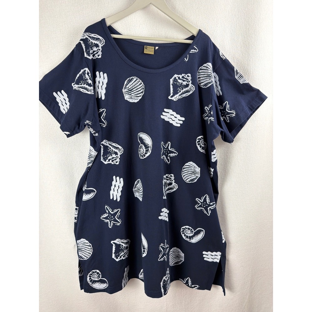 In Gear Navy Blue Seashell Starfish Print Cotton T-Shirt Dress Cover-Up XXL